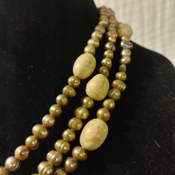Cultured Pearl Necklace Baroque Sterling Stone Beige Cream Rock Statement Earth - Picture 9 of 16